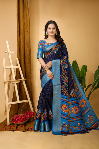 Enchanting Navy Blue Kalamkari Print Saree With Jacquard Border & Contrast Blouse