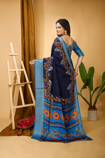 Enchanting Navy Blue Kalamkari Print Saree With Jacquard Border & Contrast Blouse