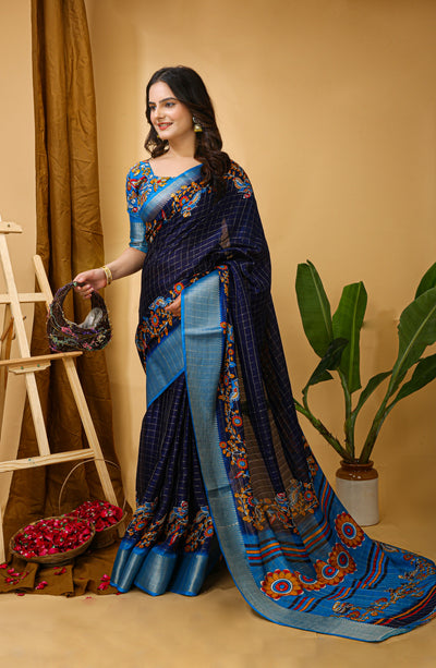 Enchanting Navy Blue Kalamkari Print Saree With Jacquard Border & Contrast Blouse