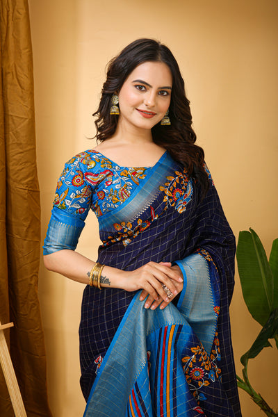 Enchanting Navy Blue Kalamkari Print Saree With Jacquard Border & Contrast Blouse