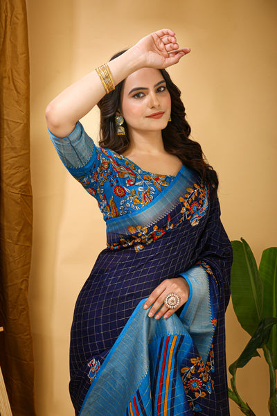 Enchanting Navy Blue Kalamkari Print Saree With Jacquard Border & Contrast Blouse