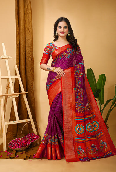 Enchanting Pink Kalamkari Print Saree With Jacquard Border & Contrast Blouse