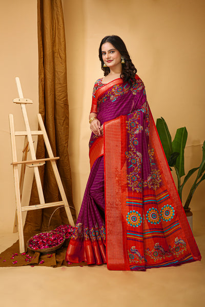 Enchanting Pink Kalamkari Print Saree With Jacquard Border & Contrast Blouse