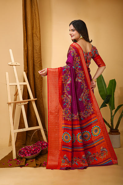 Enchanting Pink Kalamkari Print Saree With Jacquard Border & Contrast Blouse