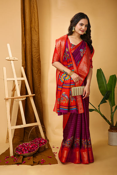 Enchanting Pink Kalamkari Print Saree With Jacquard Border & Contrast Blouse