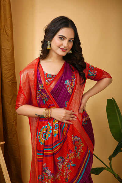 Enchanting Pink Kalamkari Print Saree With Jacquard Border & Contrast Blouse