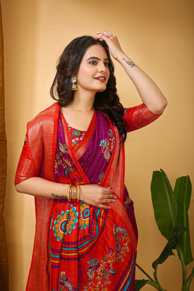Enchanting Pink Kalamkari Print Saree With Jacquard Border & Contrast Blouse
