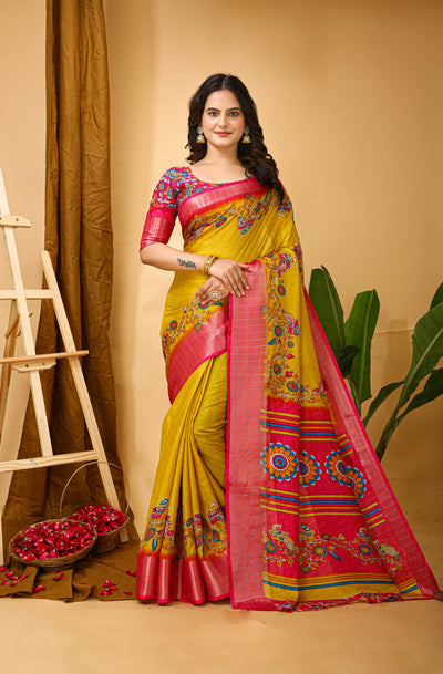 Enchanting Mustard Kalamkari Print Saree With Jacquard Border & Contrast Blouse