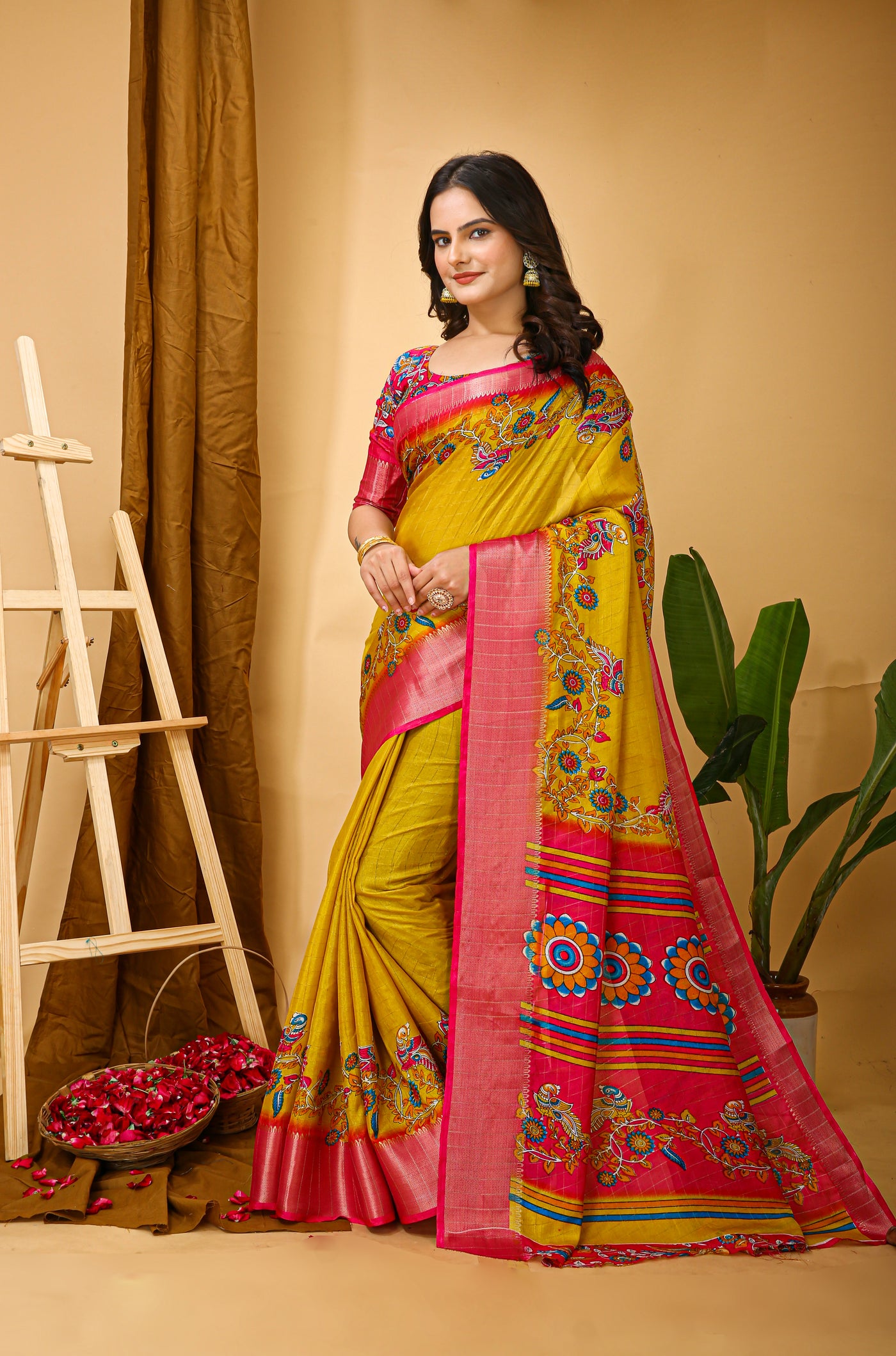 Enchanting Mustard Kalamkari Print Saree With Jacquard Border & Contrast Blouse