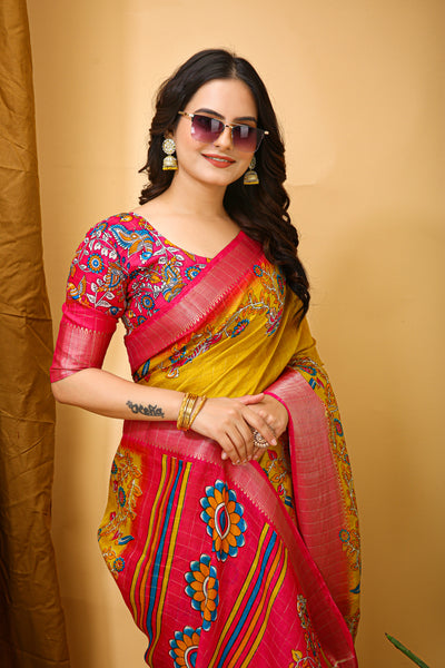 Enchanting Mustard Kalamkari Print Saree With Jacquard Border & Contrast Blouse