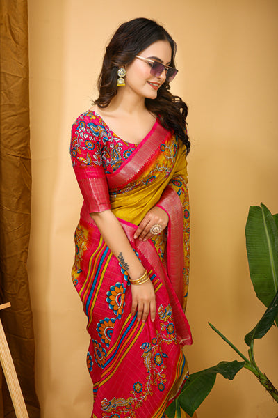 Enchanting Mustard Kalamkari Print Saree With Jacquard Border & Contrast Blouse