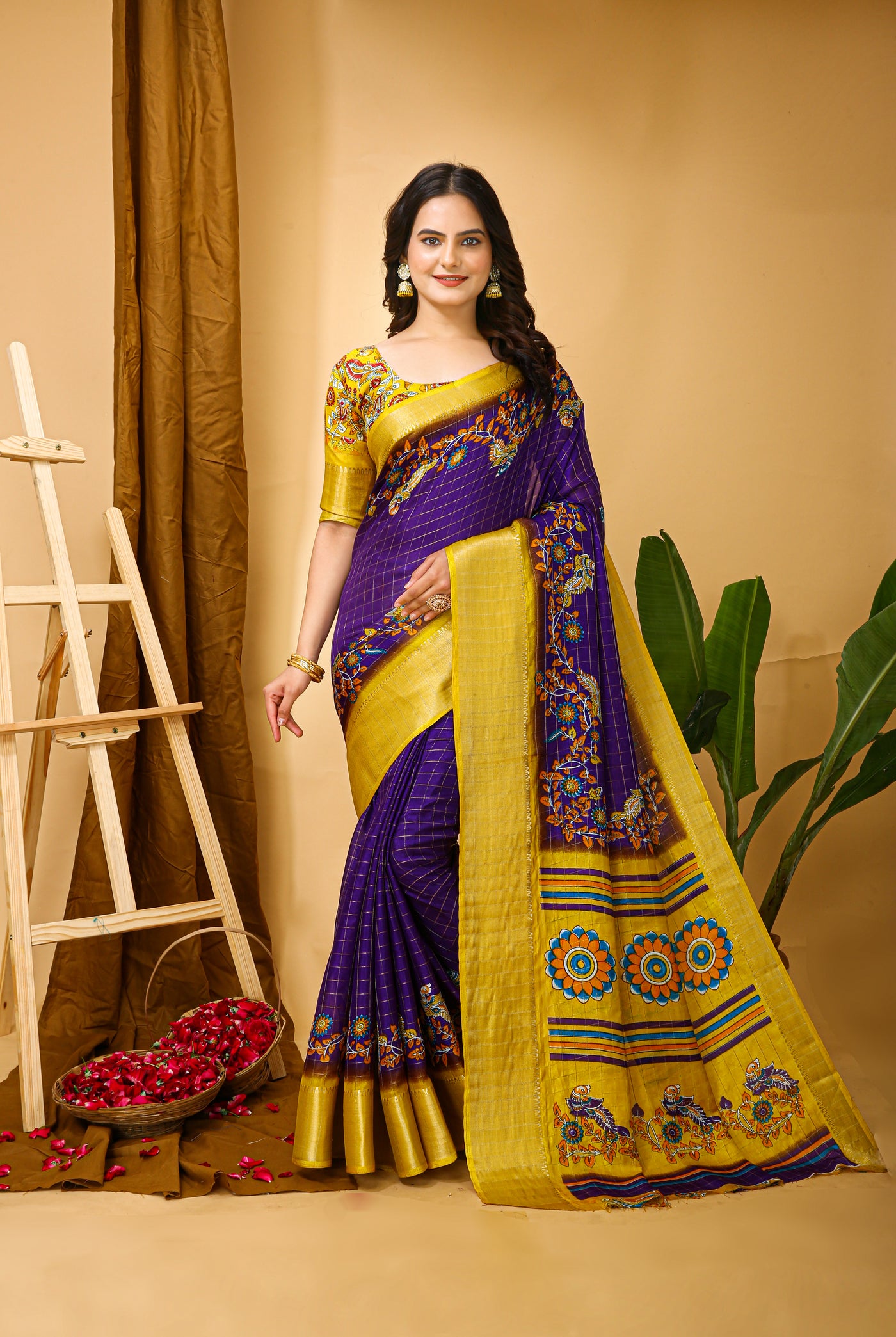 Enchanting Purple Kalamkari Print Saree With Jacquard Border & Contrast Blouse