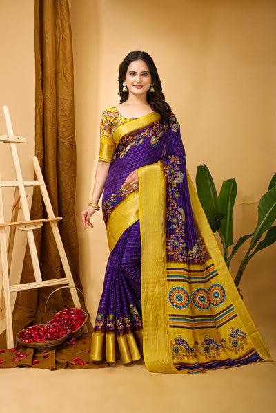 Enchanting Purple Kalamkari Print Saree With Jacquard Border & Contrast Blouse
