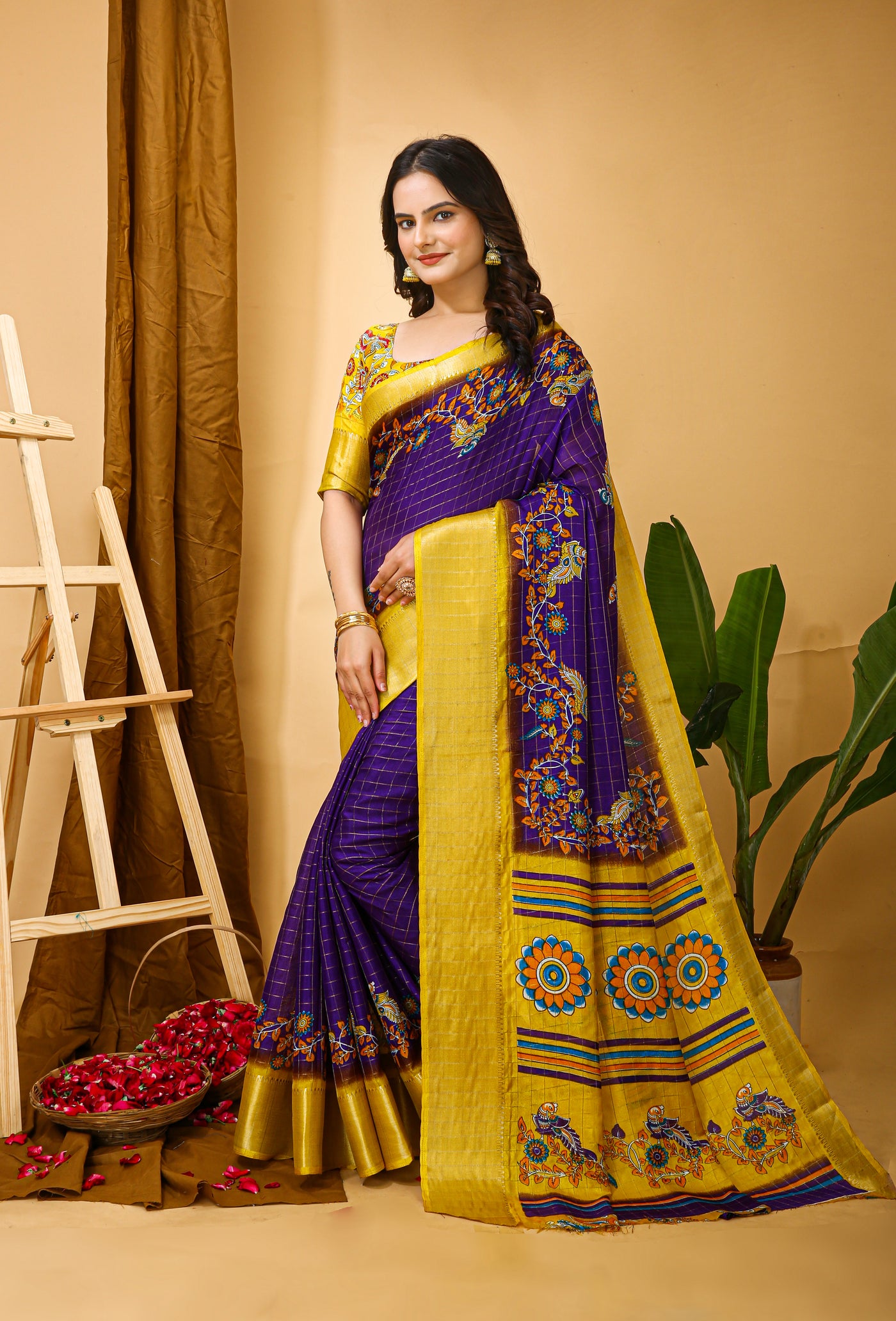 Enchanting Purple Kalamkari Print Saree With Jacquard Border & Contrast Blouse