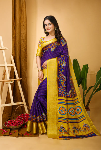 Enchanting Purple Kalamkari Print Saree With Jacquard Border & Contrast Blouse
