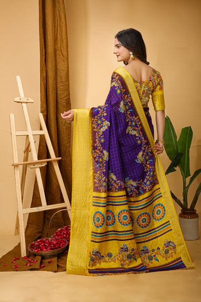 Enchanting Purple Kalamkari Print Saree With Jacquard Border & Contrast Blouse