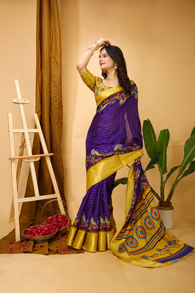 Enchanting Purple Kalamkari Print Saree With Jacquard Border & Contrast Blouse