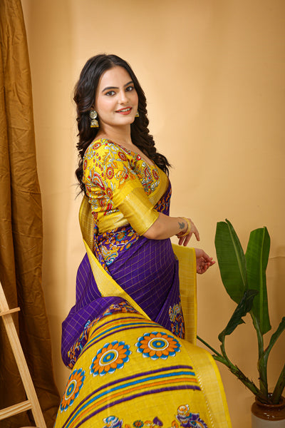Enchanting Purple Kalamkari Print Saree With Jacquard Border & Contrast Blouse