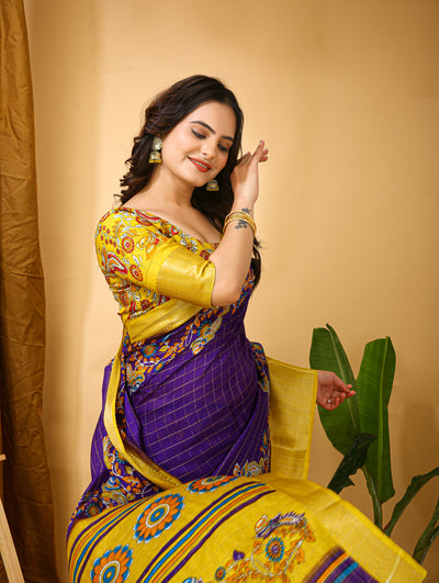 Enchanting Purple Kalamkari Print Saree With Jacquard Border & Contrast Blouse