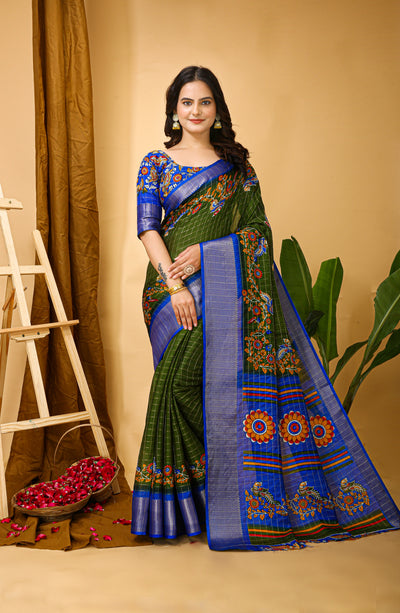 Enchanting Dark Green Kalamkari Print Saree With Jacquard Border & Contrast Blouse