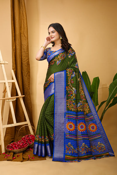 Enchanting Dark Green Kalamkari Print Saree With Jacquard Border & Contrast Blouse