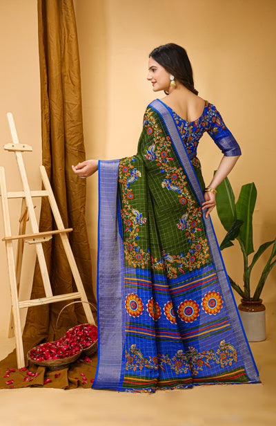 Enchanting Dark Green Kalamkari Print Saree With Jacquard Border & Contrast Blouse
