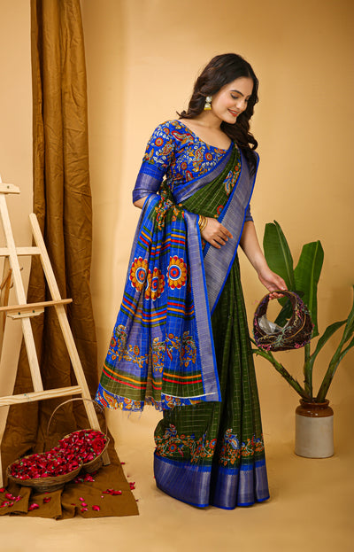 Enchanting Dark Green Kalamkari Print Saree With Jacquard Border & Contrast Blouse