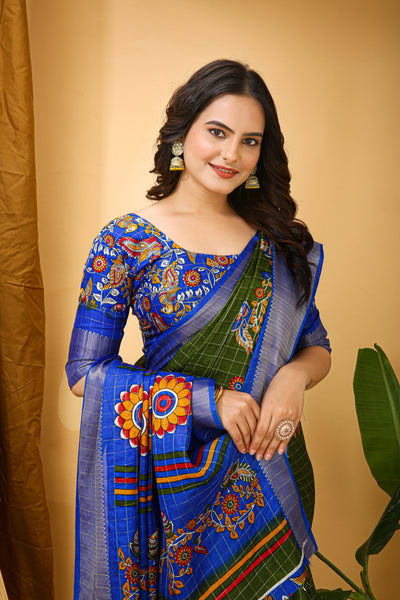 Enchanting Dark Green Kalamkari Print Saree With Jacquard Border & Contrast Blouse