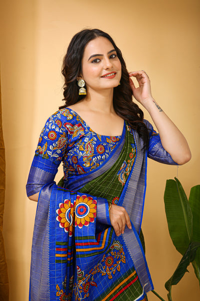 Enchanting Dark Green Kalamkari Print Saree With Jacquard Border & Contrast Blouse