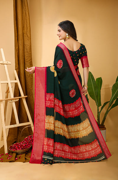 Beautiful Kalamkari Print Dark Green Saree With Jacquard Zari Border &  Pallu With Printed Blouse.