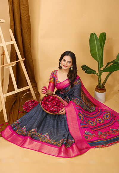 Enchanting Grey Kalamkari Print Saree With Jacquard Border & Contrast Blouse