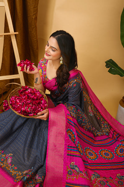Enchanting Grey Kalamkari Print Saree With Jacquard Border & Contrast Blouse