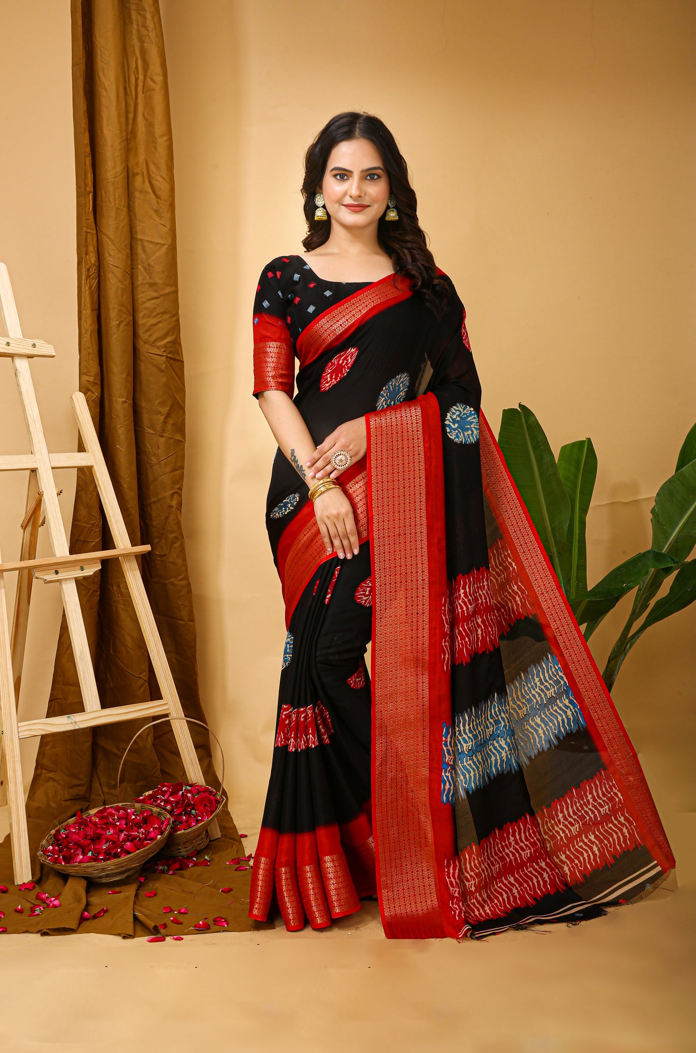 Beautiful Kalamkari Print Saree With Jacquard Zari Border With Printed Blouse