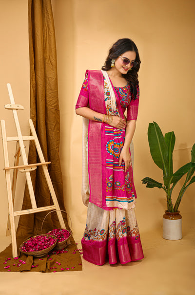 Enchanting Cream Kalamkari Print Saree With Jacquard Border & Contrast Blouse