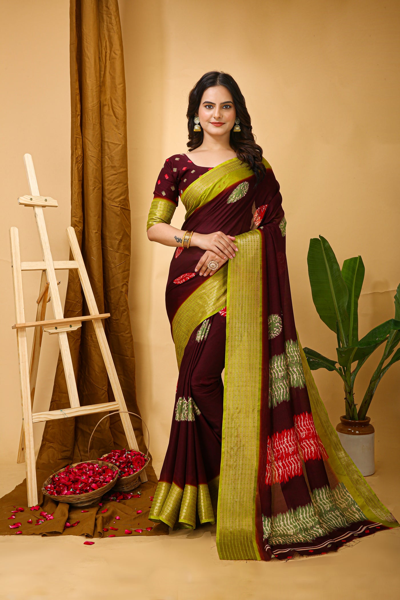 Beautiful Kalamkari Print Saree With Jacquard Zari Border With Printed Blouse