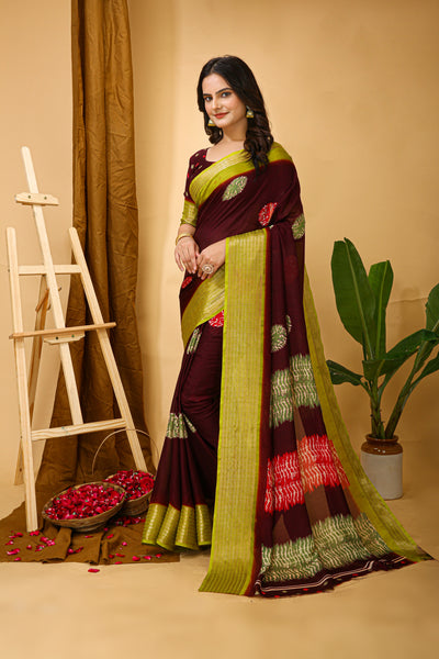 Beautiful Kalamkari Print Brown Saree With Jacquard Zari Border &  Pallu With Printed Blouse.
