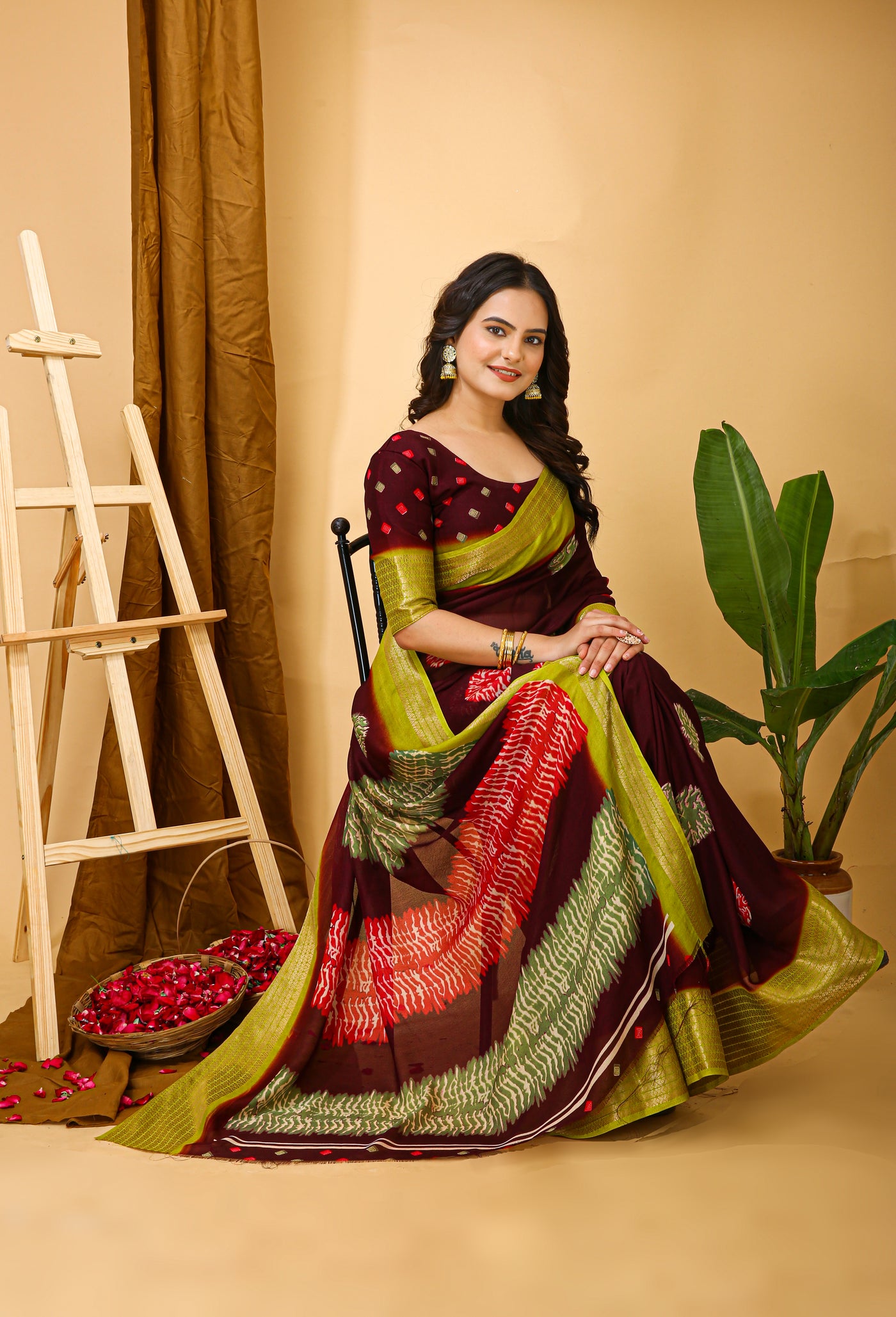 Beautiful Kalamkari Print Brown Saree With Jacquard Zari Border &  Pallu With Printed Blouse.