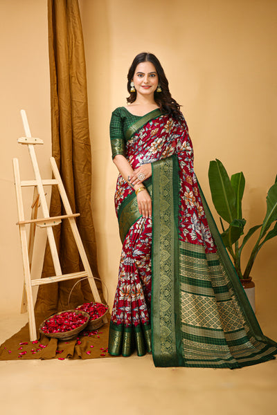 Beautiful Kalamkari Print Red Cotton Saree With Printed Blouse