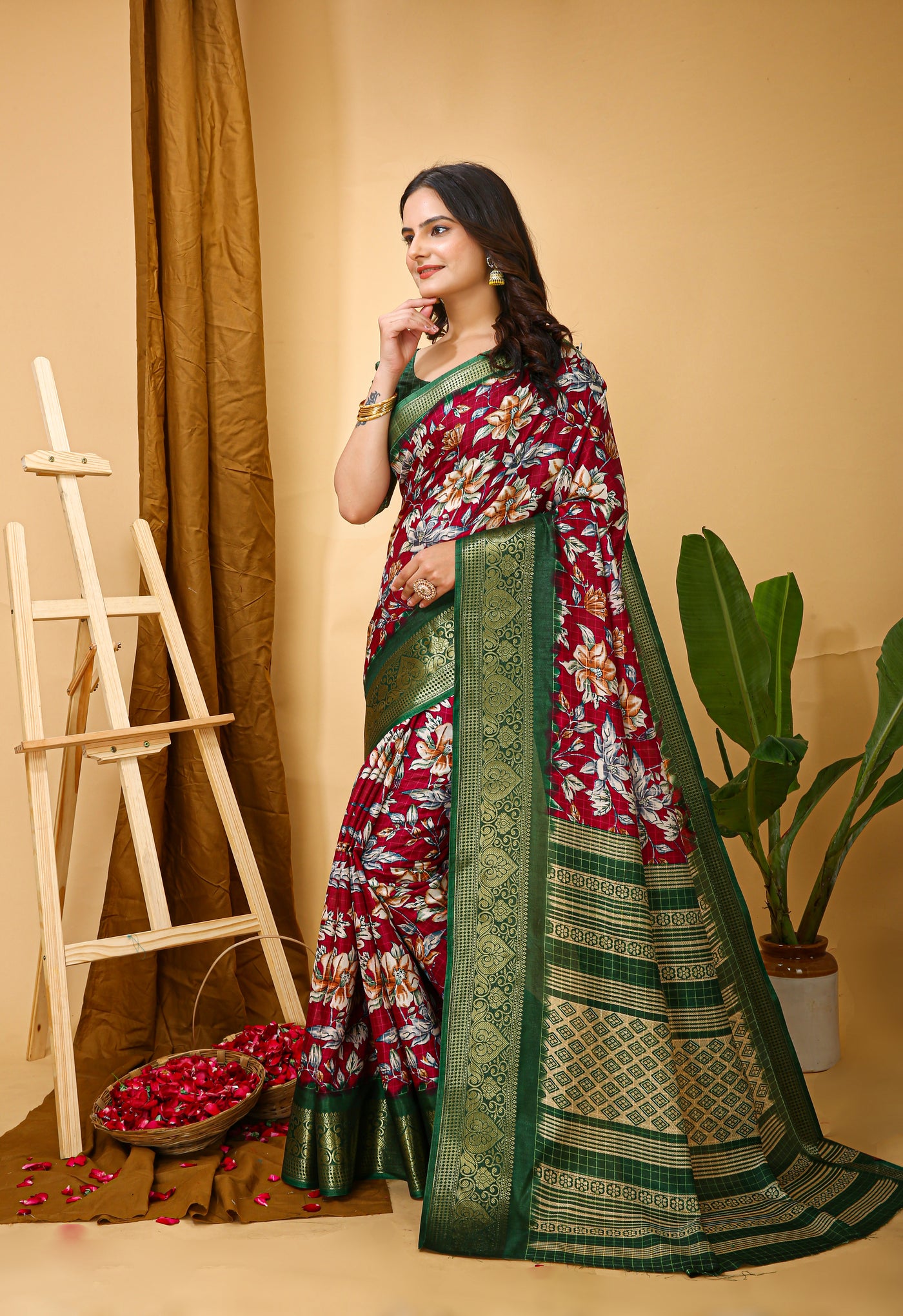 Beautiful Kalamkari Print Red Cotton Saree With Printed Blouse