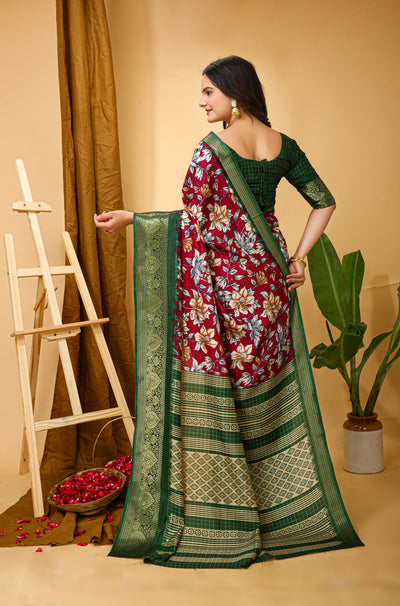 Beautiful Kalamkari Print Red Cotton Saree With Printed Blouse