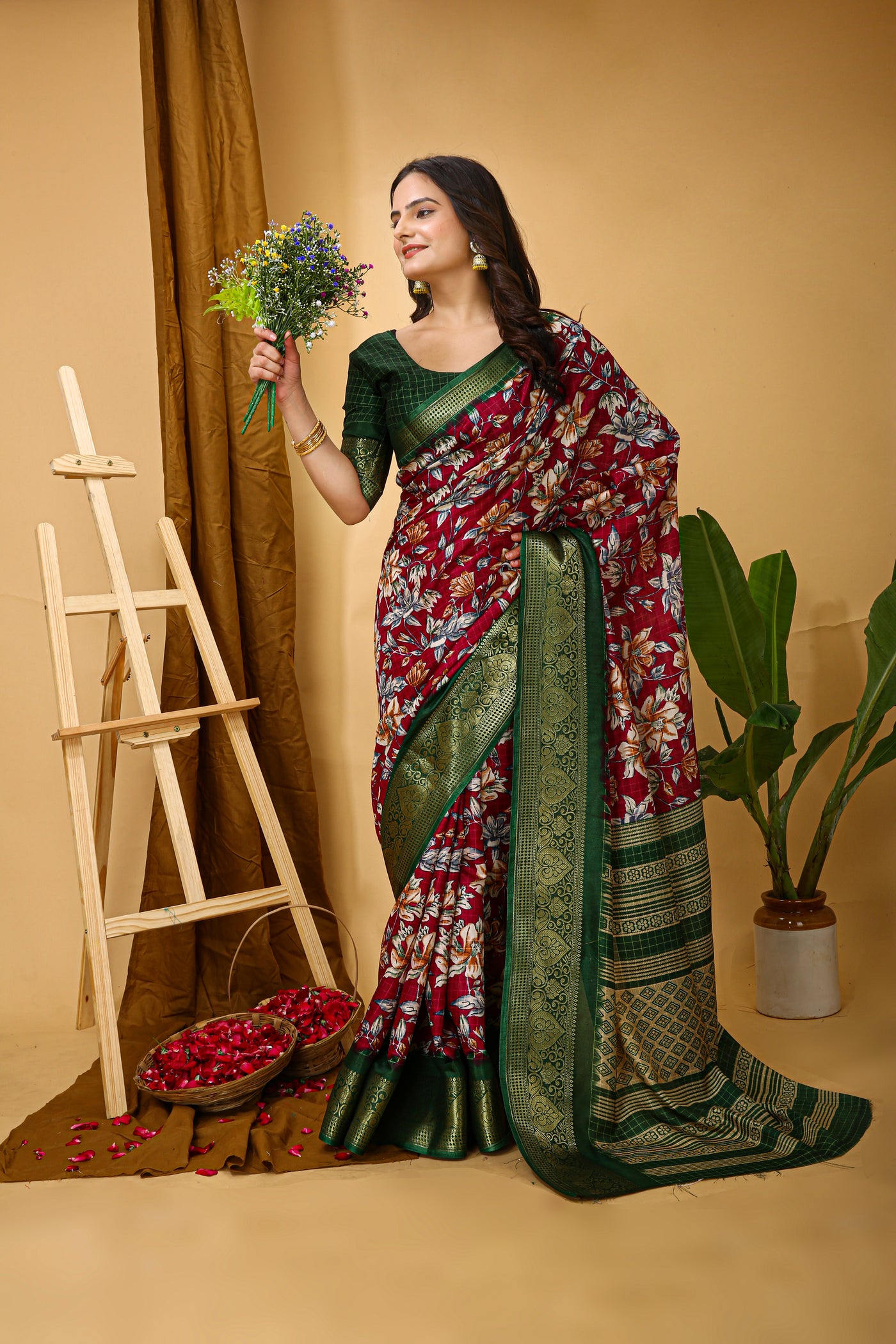 Beautiful Kalamkari Print Red Cotton Saree With Printed Blouse