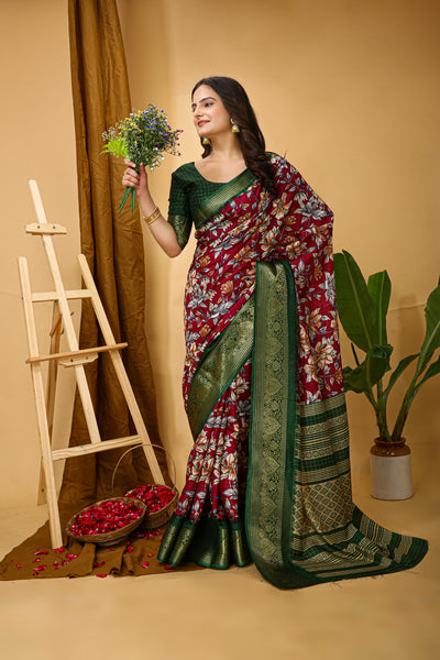 Beautiful Kalamkari Print Red Cotton Saree With Printed Blouse