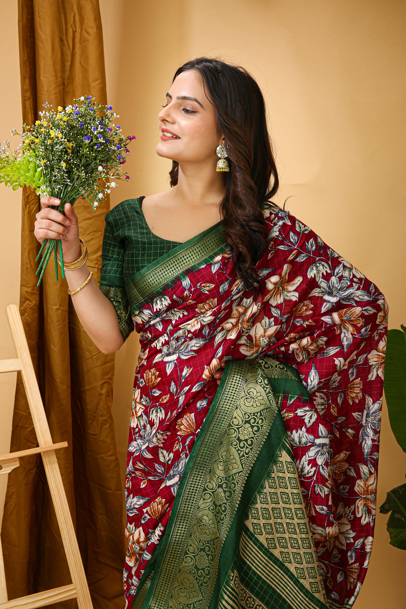 Beautiful Kalamkari Print Red Cotton Saree With Printed Blouse