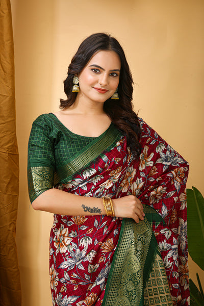 Beautiful Kalamkari Print Red Cotton Saree With Printed Blouse