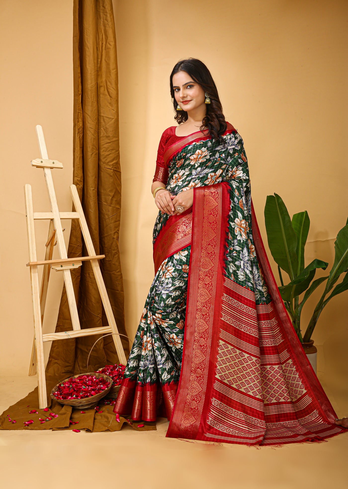 Beautiful Kalamkari Print Dark Green Cotton Saree With Printed Blouse