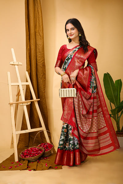 Beautiful Kalamkari Print Dark Green Cotton Saree With Printed Blouse