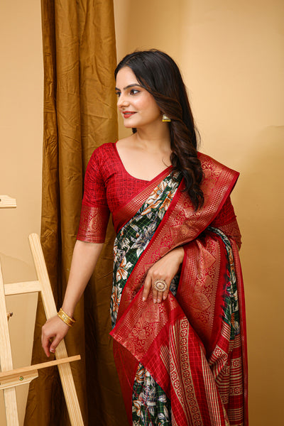 Beautiful Kalamkari Print Dark Green Cotton Saree With Printed Blouse
