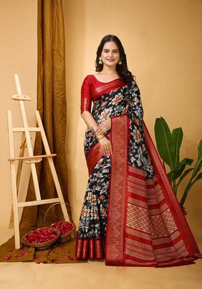 Beautiful Kalamkari Print Navy Blue Cotton Saree With Printed Blouse.