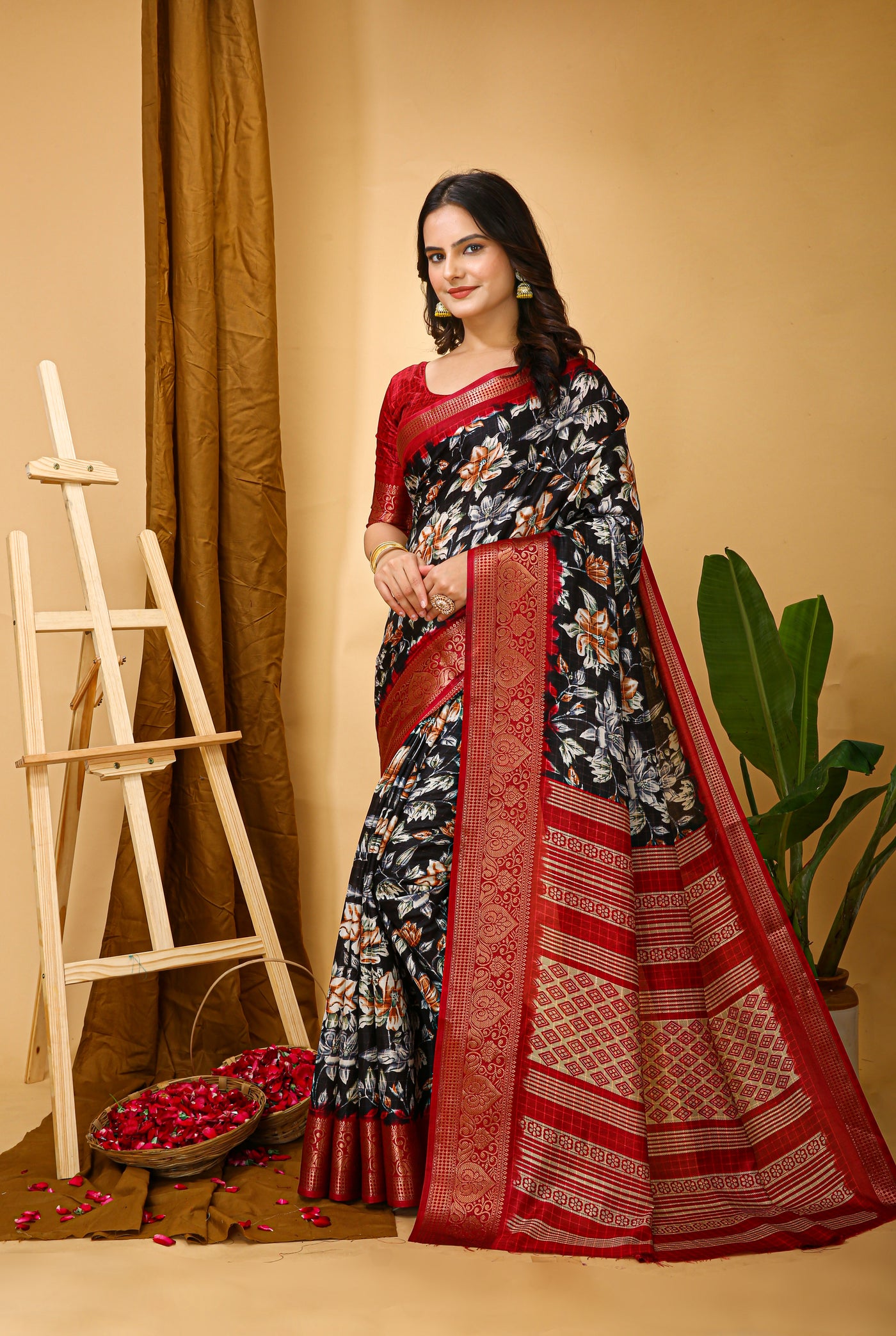 Beautiful Kalamkari Print Navy Blue Cotton Saree With Printed Blouse.