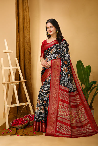 Beautiful Kalamkari Print Navy Blue Cotton Saree With Printed Blouse.